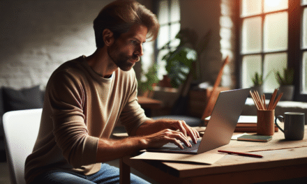 Un homme européen utilisant un ordinateur portable sur un bureau : entre travail et créativité